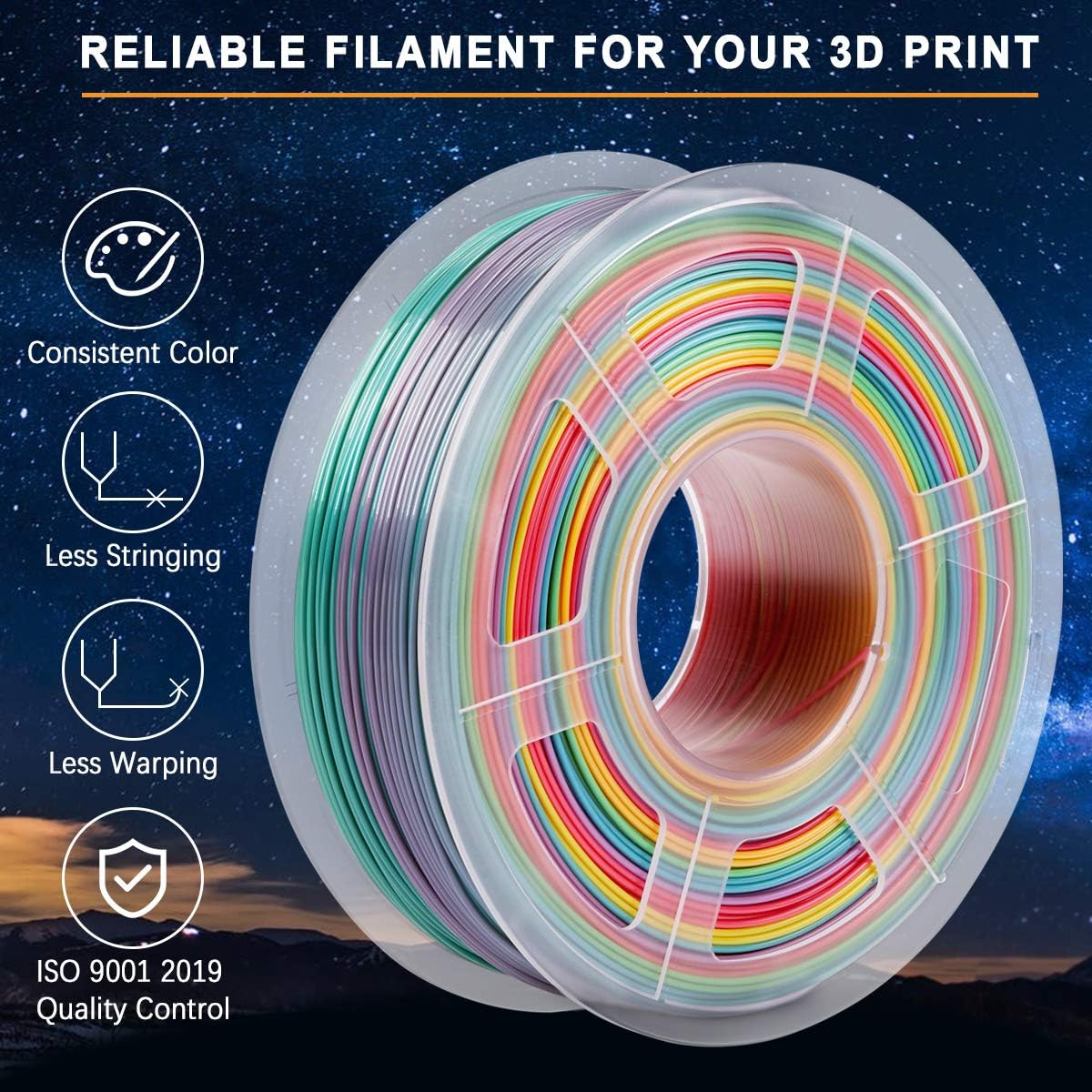 SUNLU 3Dプリンタ フィラメント 多色レインボー、PLA Rainbow フィラメント 1.75mm、3Dプリンター & 3Dペン用、高尺寸精度、高密度、許容誤差精度 +/- 0.02mm、1KG Rainbow
