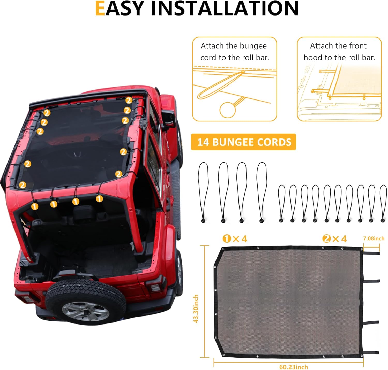 Sunshade for 2018-2023 Jeep Wrangler JLU 4 Door Full Length Mesh Sun Shade, JL Unlimited, Sport, Sport S, Sahara, Rubicon Sunshade Bikini Soft Top Cover Net, Blocks UV, Wind, Noise, Black