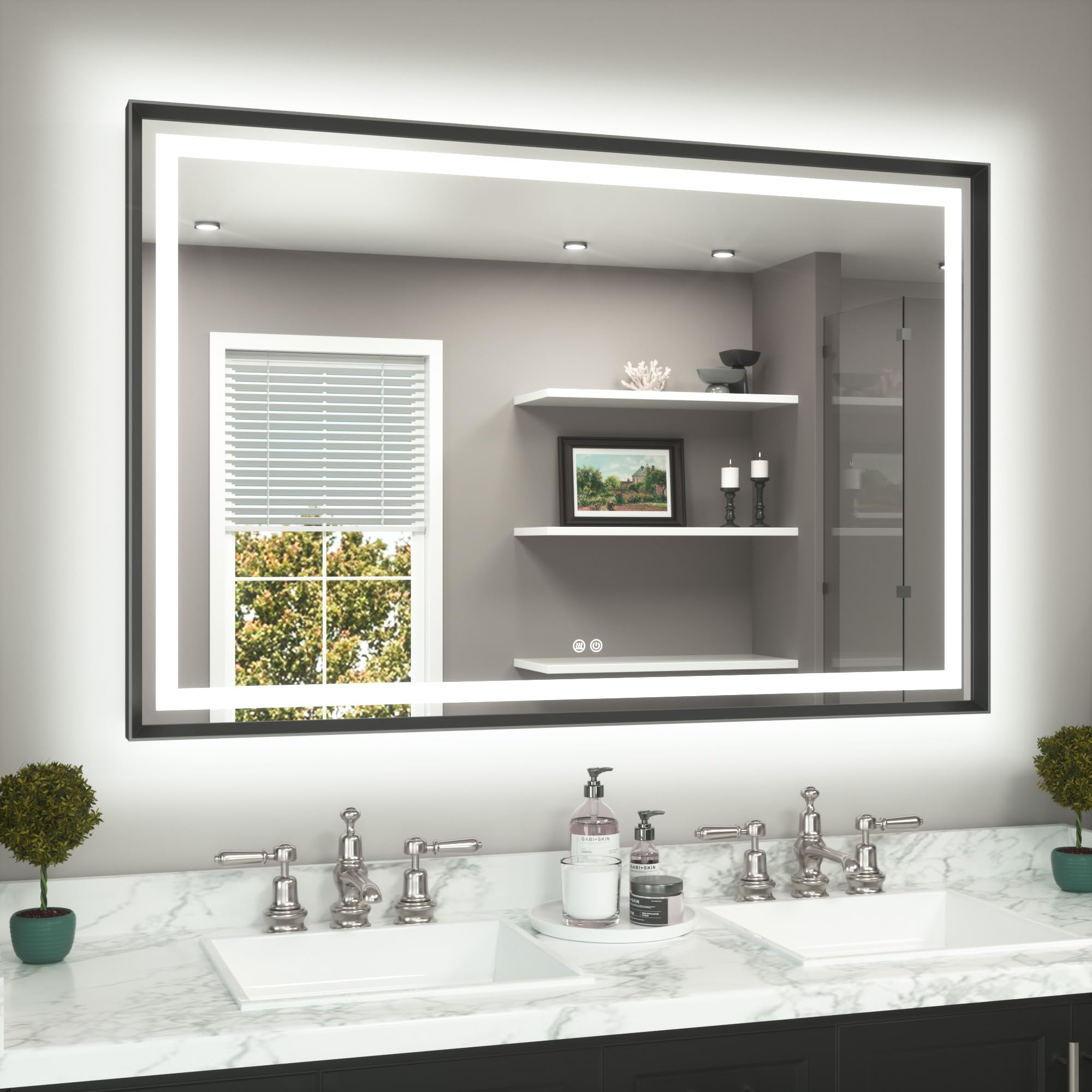 TETOTE 55 x 36 Bathroom LED Mirror Brushed Black Metal Frame Frontlit & Backlit Vanity Mirror Stepless Dimmable Anti-Fog 3 Colors White/Warm/Natural Light up Vanity Wall-Mounted