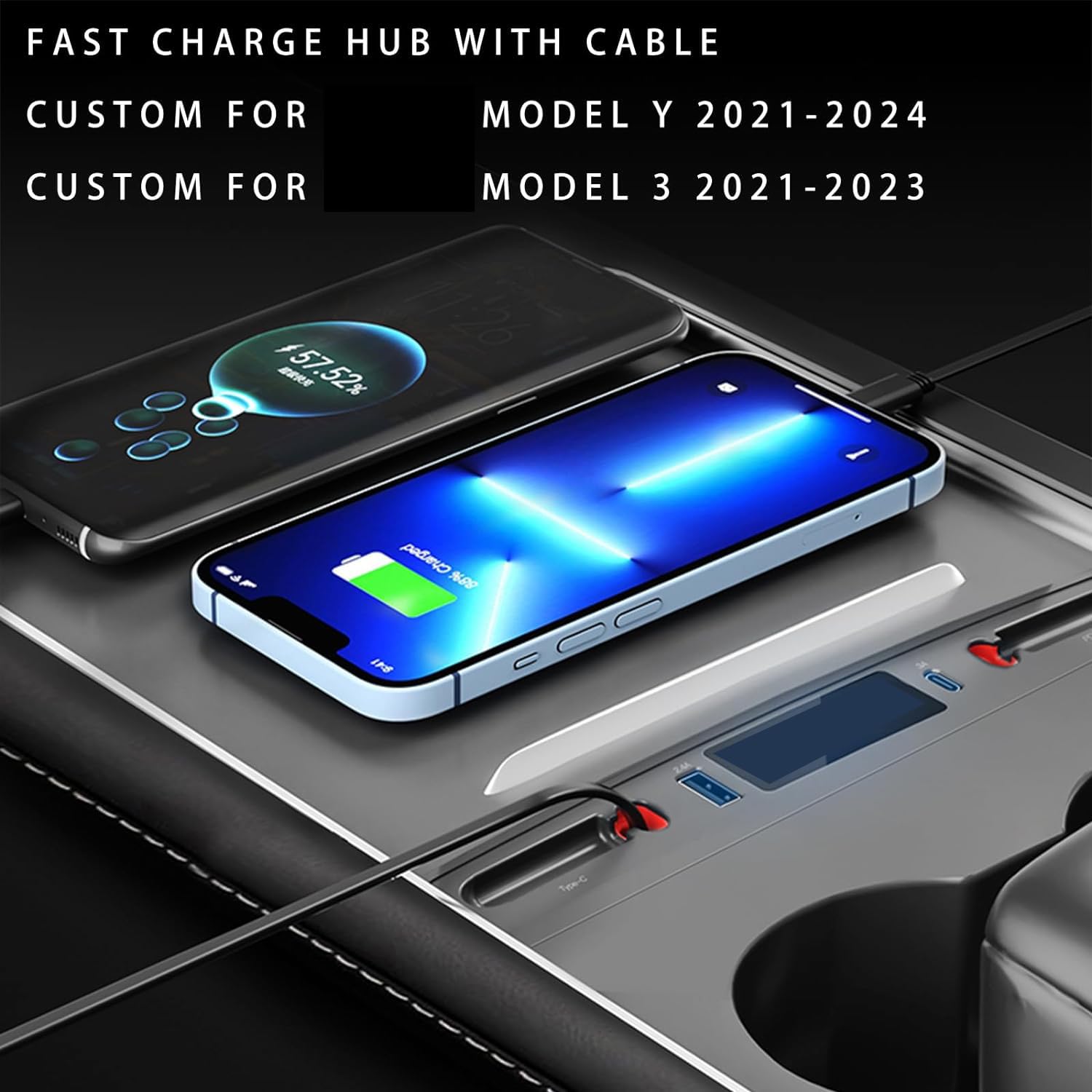 Customized for Tesla Model 3/Y USB Hub, Fast Charger for Tesla Model Y 3 Accessories 2024 2023 2022 2021 Retractable Cable,Multifunctional Tesla Center Console Accessories(Not fit Model 3 2024) — view 2