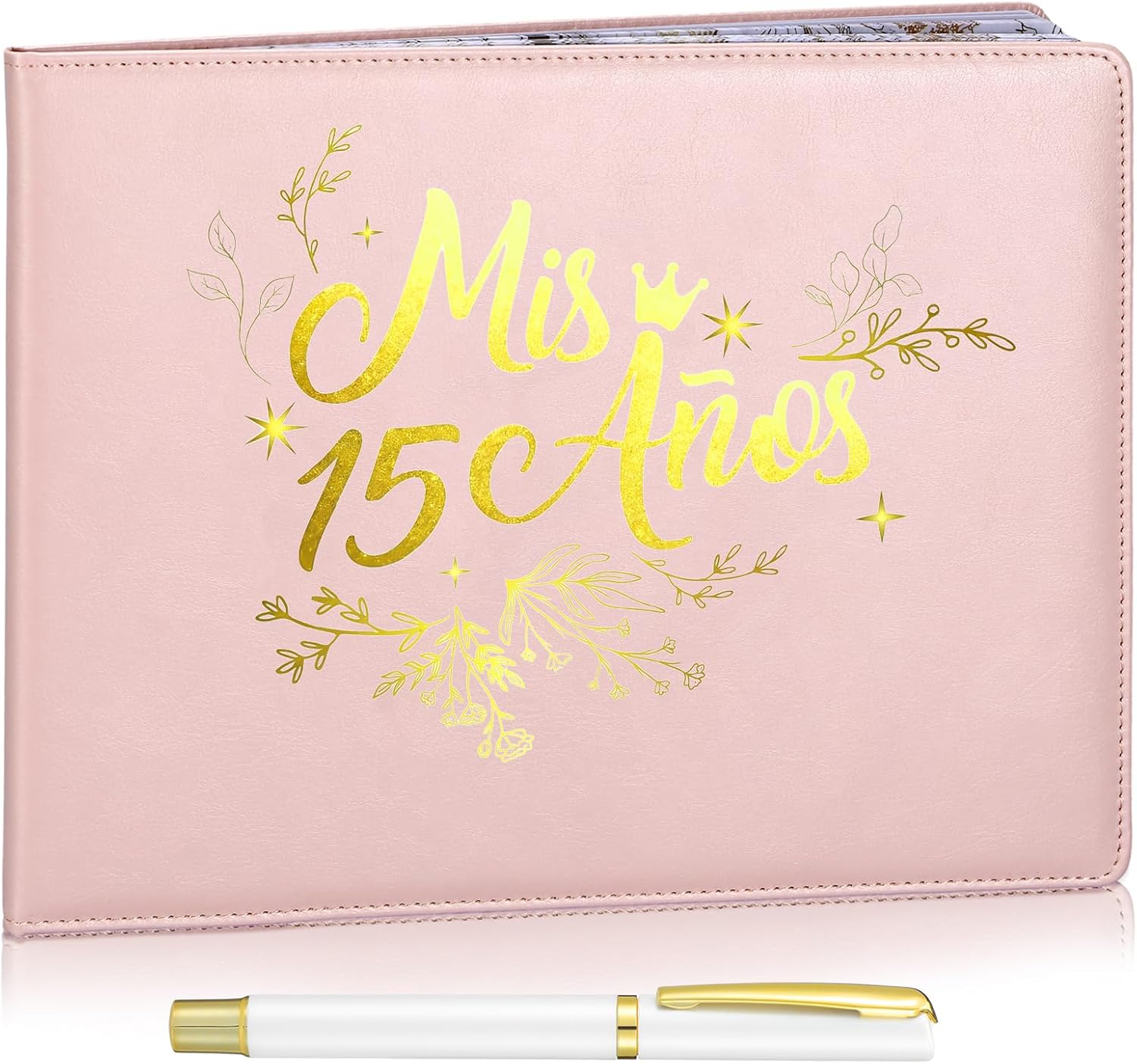 MotiMind Quinceanera Guest Book with Pen 11 x 8 Inch Libro De Firmas Para 15 Anos Quinceanera Leather Hardcover Signature Guest Sign in Book for 15th Party Favors Decoration(Light Pink,Bow)