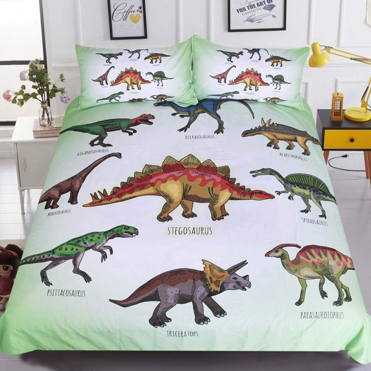 Sleepwish Dinosaur Bedding Kids Queen Bedding Sets for Boys Green Dinosaur Bed Set Cute Dinosaur Duvet Cover Queen for Teen Girls (3 Piece)