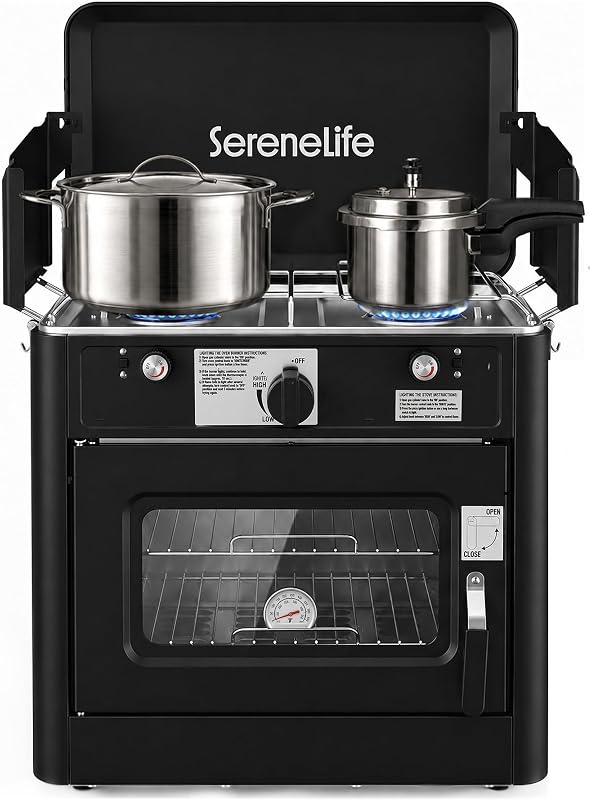 Camping Oven 3 in 1 Stove Oven Combo, Outdoor Camp Oven with 2 Burner Cooking, Piezo Ignition and Temperature Control, Compact RV for Camping and Tailgating