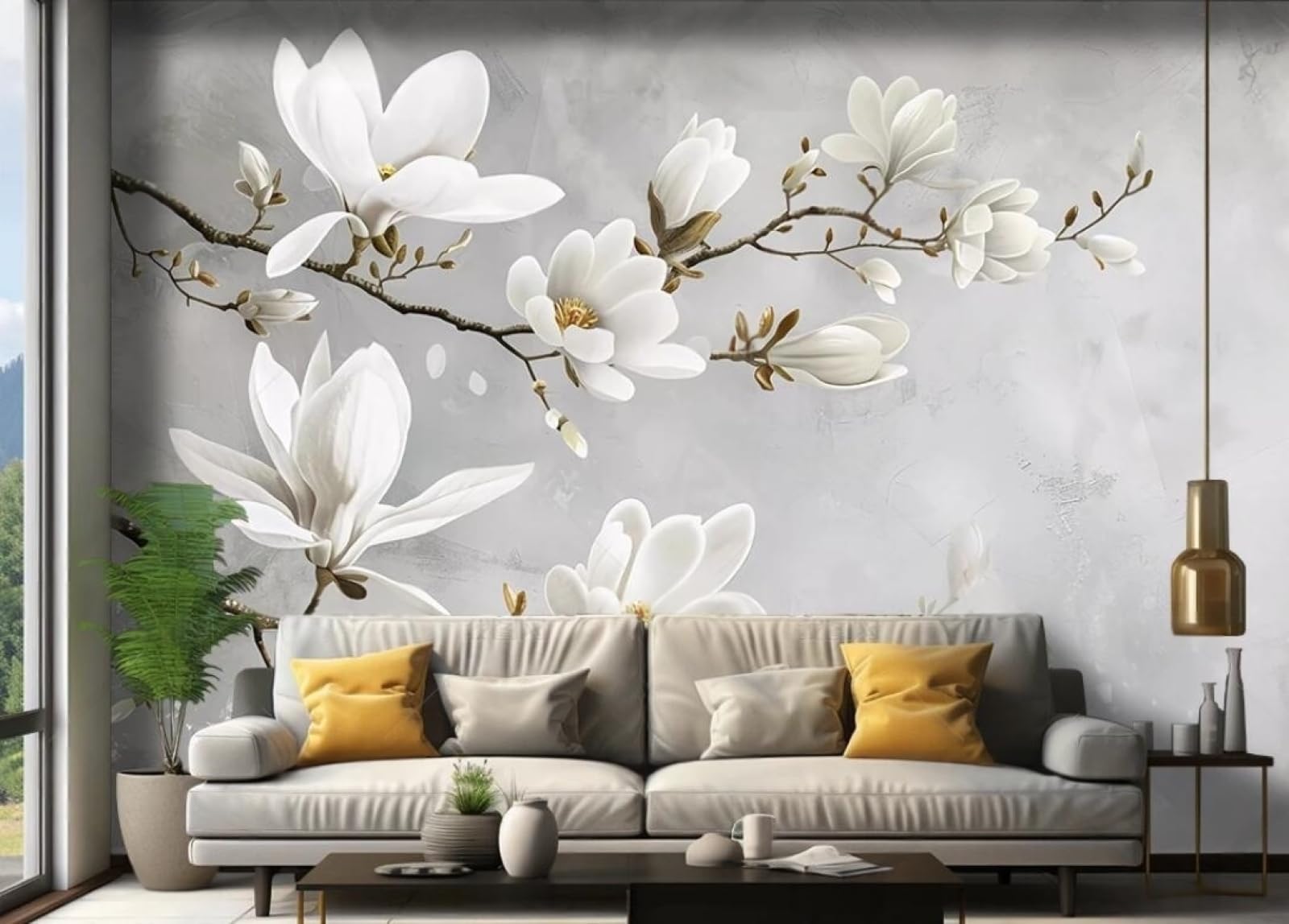 Papier peint panoramique 3D magnolia blanc pour agrandir un salon ou une chambre sombre