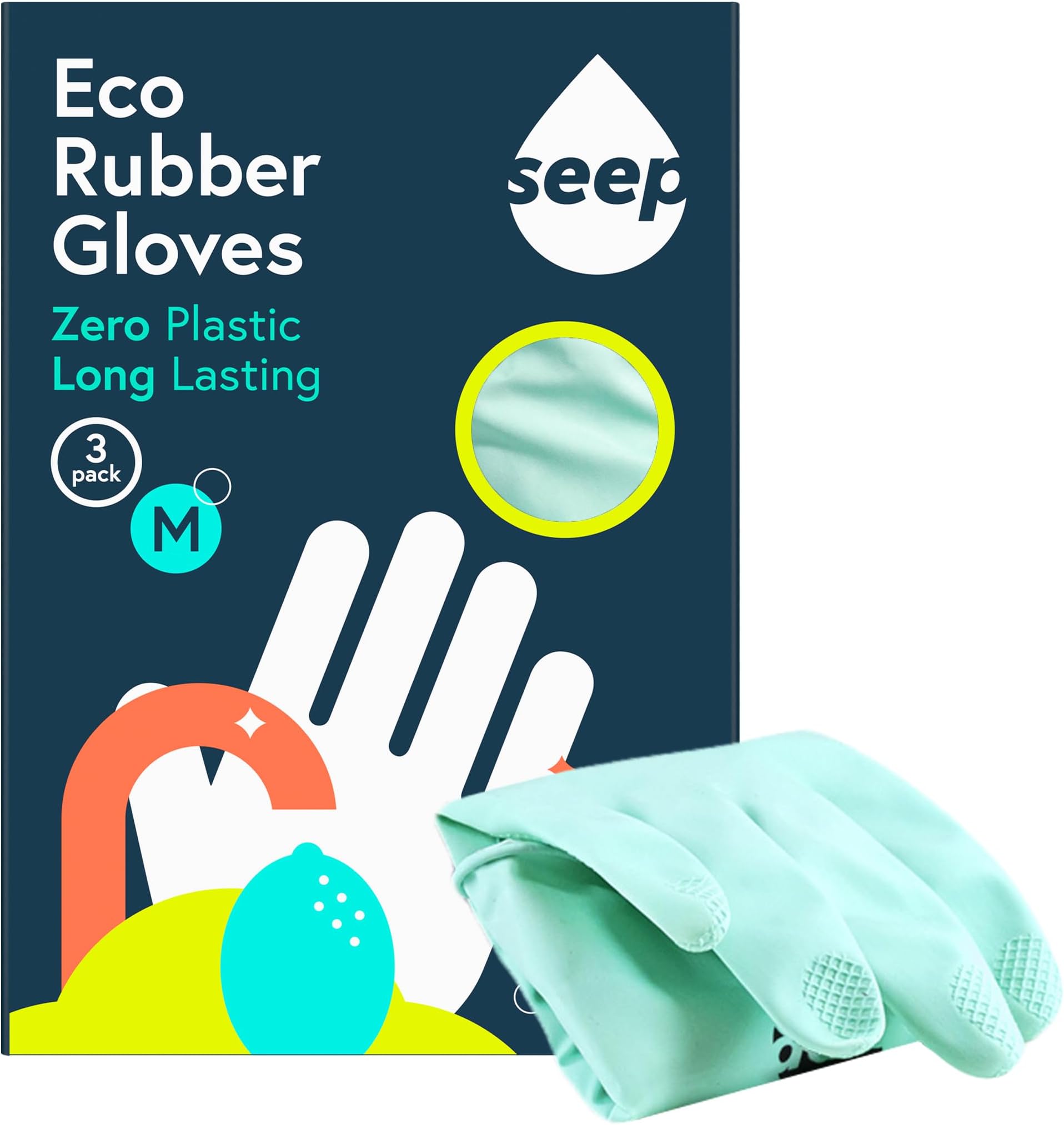 SEEP Eco Medium Rubber Kitchen Gloves - 3 Pack - Washing Up Gloves Made Using Compostable Rubber - Multi-purpose Household - FSC & Fair-trade Certified, Turquoise