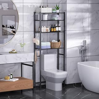 Samstar 4-Tier Over-the-Toilet Storage Rack - Adjustable Height Bathroom Organizer, Freestanding Space-Saver Shelf, Black