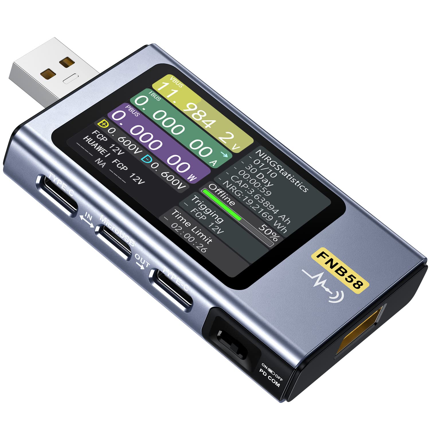 Tester USB FNB58 Multifunzionale Voltmetro Amperometro Digitale Amperometro USB Tester con Bluetooth Trigger e Rilevamento Rapido Della Carica 0-7A 4-28V