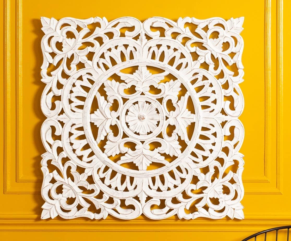 MH London Madeleine Home Ancona Ornate Wall Sculpture | Hand Carved Wall Plaque, Contemporary Accent Home Décor with Fine Floral Baroque Design | 76cmX76cm White