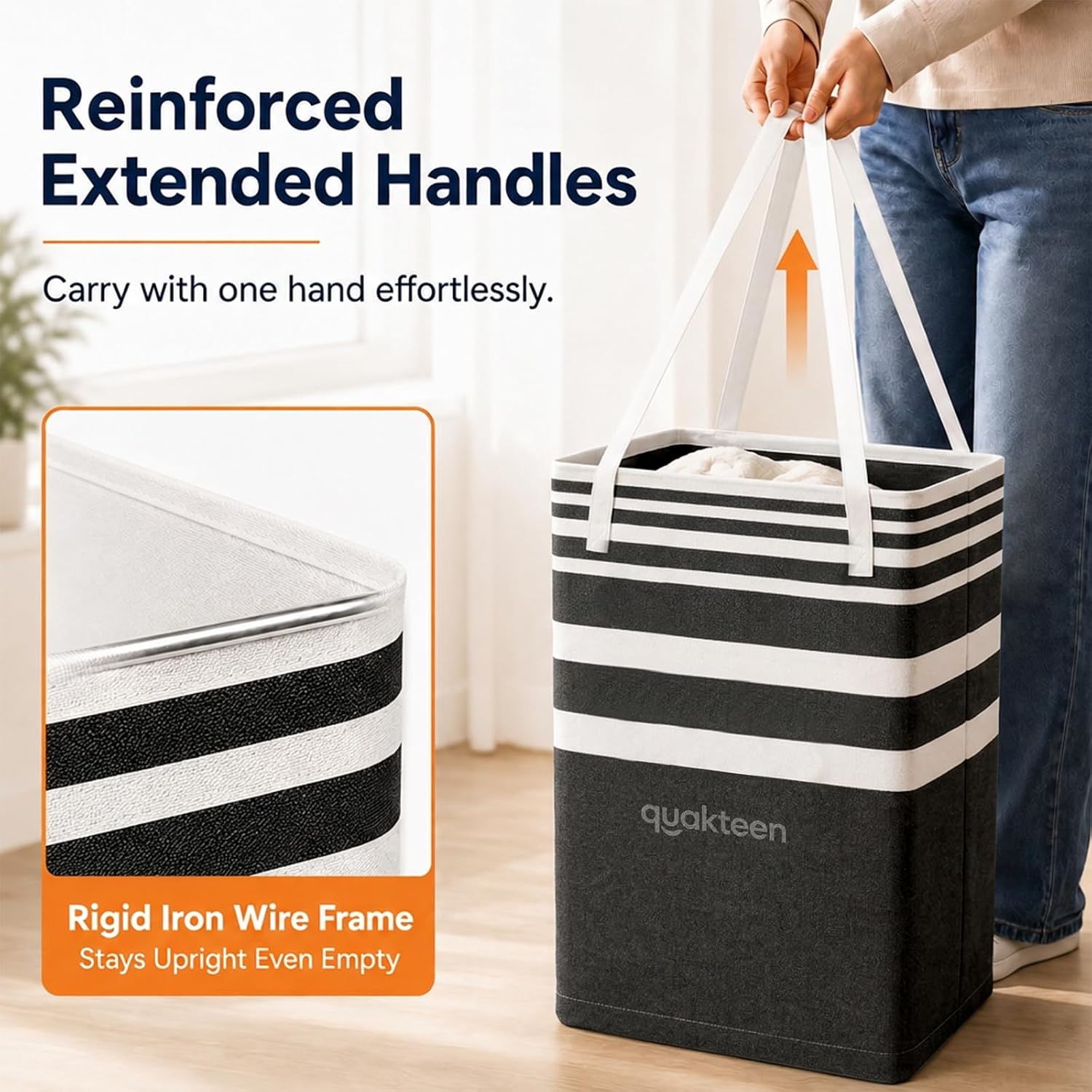 75L Large Laundry Basket Collapsible Waterproof Clothes Hamper, Tall Laundry Basket Organizer with Handles for Bathroom Bedroom Living Room Storage(Black Stripe) image 2