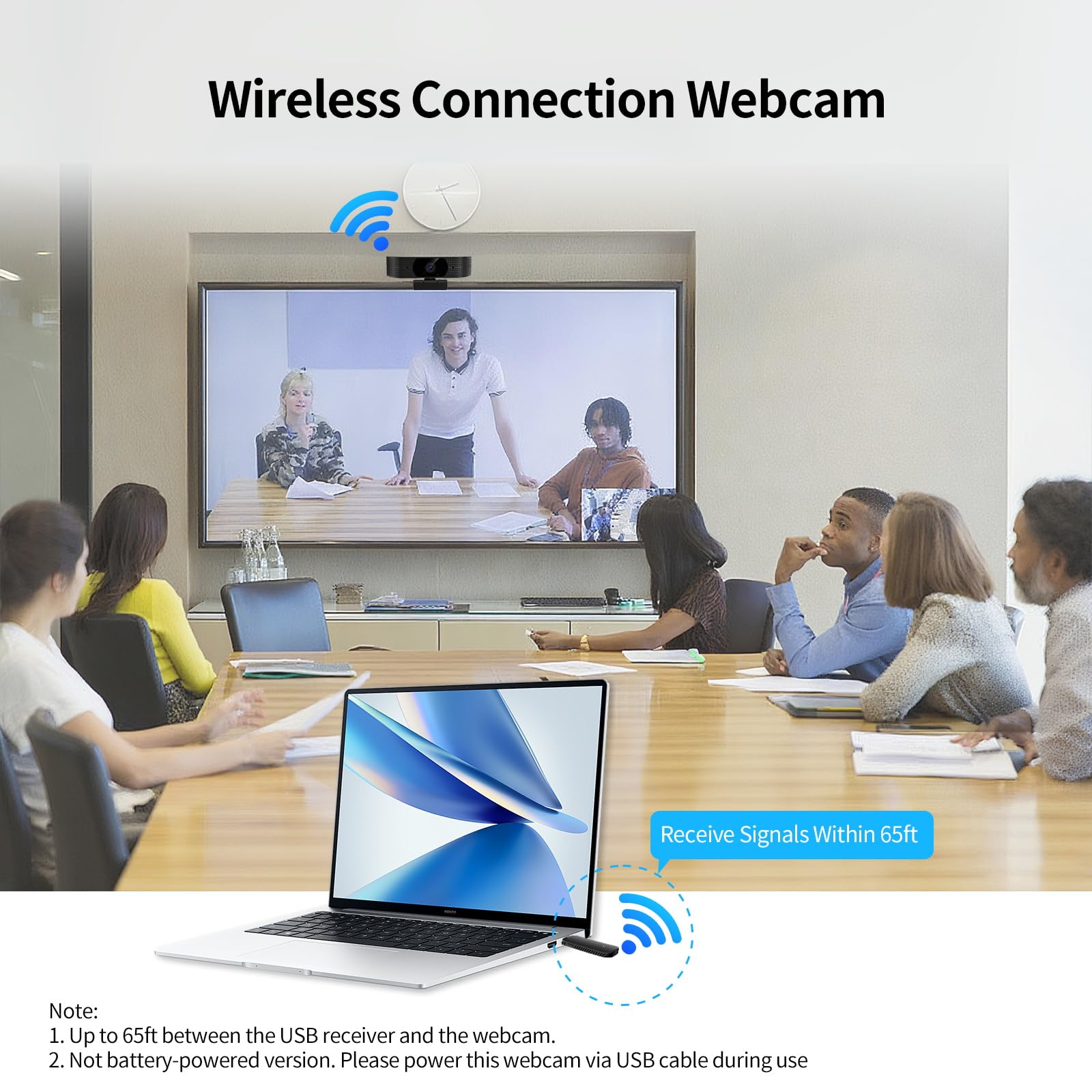 Webcam wireless 1080P per PC, webcam con microfono che riduce il rumore, FOV 92°, rotazione a 360°, plug and play, fotocamera wireless funziona con Skype, zoom per conferenze, videochiamate (senza