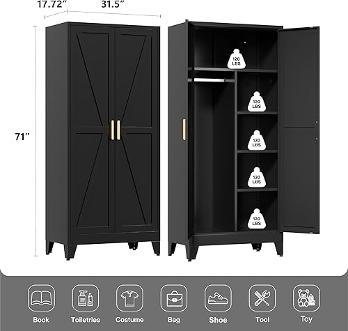 Vista 3 de Armario de metal de 71 pulgadas de alto con estantes ajustables y barra para colgar, armario de almacenamiento de oficina de 2 puertas para el Negro