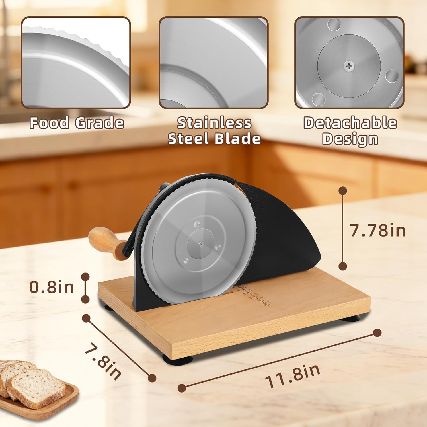 Manual Bread Slicer for Homemade Sourdough Bread Adjustable Thickness Bread Cutter with Hand Crank, Slicing Guide, Scale Line, Stainless Steel Blade & Suction Cups, for Perfect Even Slices (Black)