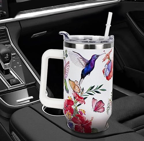 Miniatura 5 de Vaso de 40 onzas con asa y popote a prueba de fugas, taza aislada de 40 onzas con asa, taza de viaje para café de colibrí, vaso de viaje de 40
