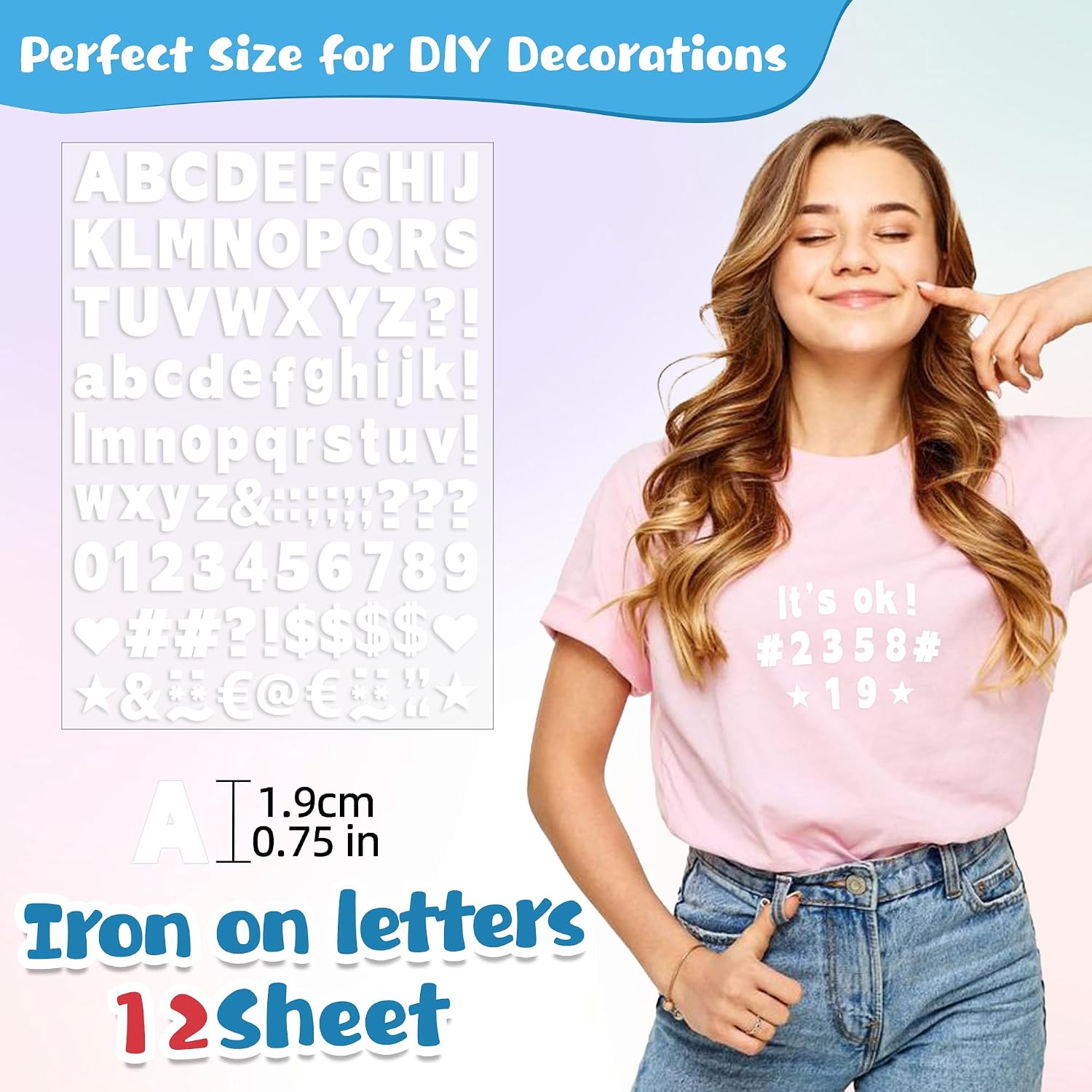 12 Sheets Iron On Letters 1200Pcs Vinyl Iron On Letters for Clothing 0.75 Inch Heat Transfer Letters with A-Z Heat Press Alphabet Stickers for Fabric T-Shirt Jerseys Hats Printing DIY Crafts (White)