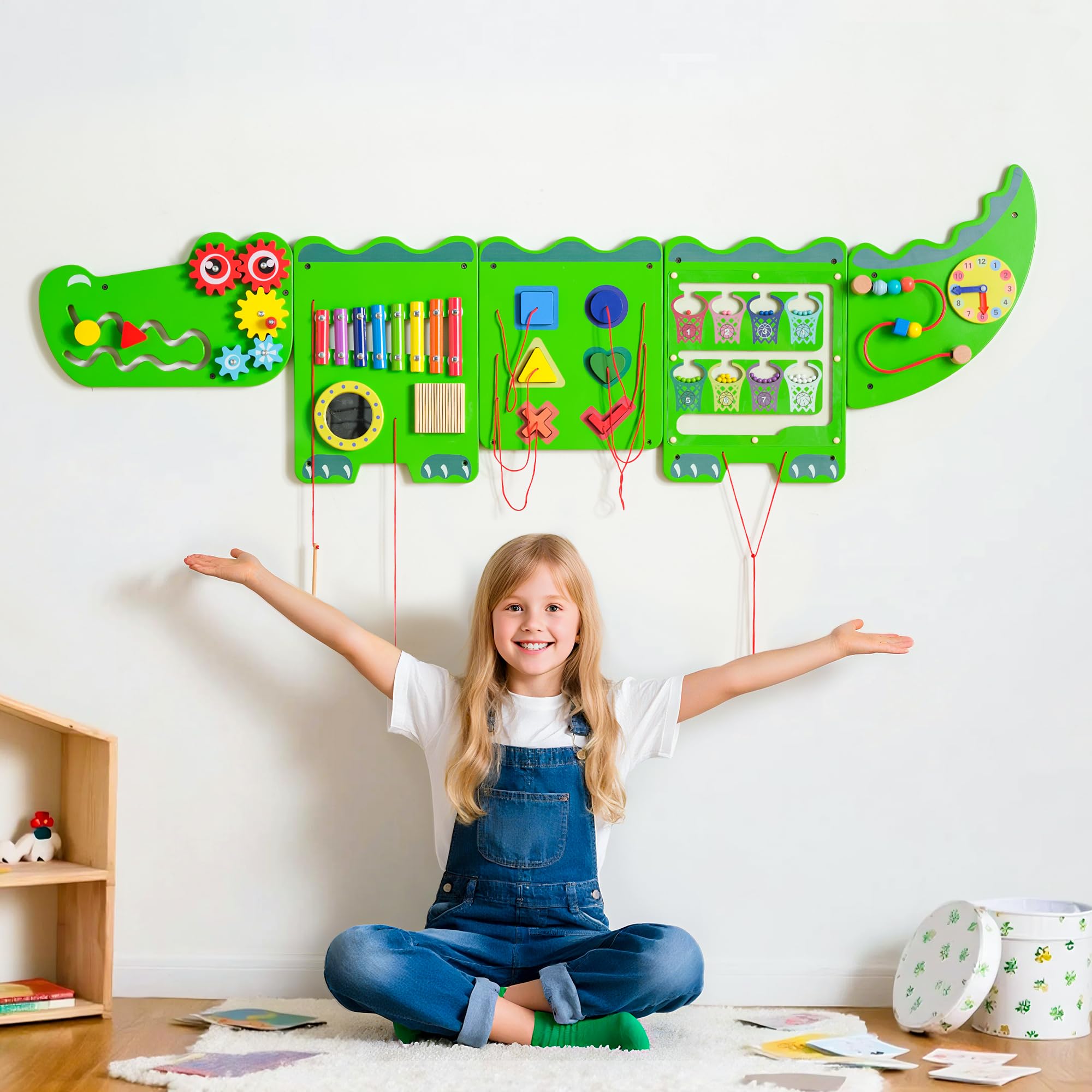 Spacocld Crocodile Sensory Toys Activity Wall Panels - Montessori Busy Board, Toddler Learning Panel, Wall-Mounted Playroom/Daycare Educational Toys, Interactive Wooden Gift for Kids 3-6, Green