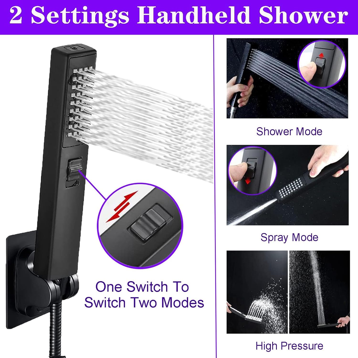 8"High Pressure Square Rain Shower Head and 2-in-1 Hand Shower.Equipped with 78"Hose, 3 Way Diverter Valve,Adhesive Shower Head Holder.(AWAXFOLO Square Shower Head Set Black)