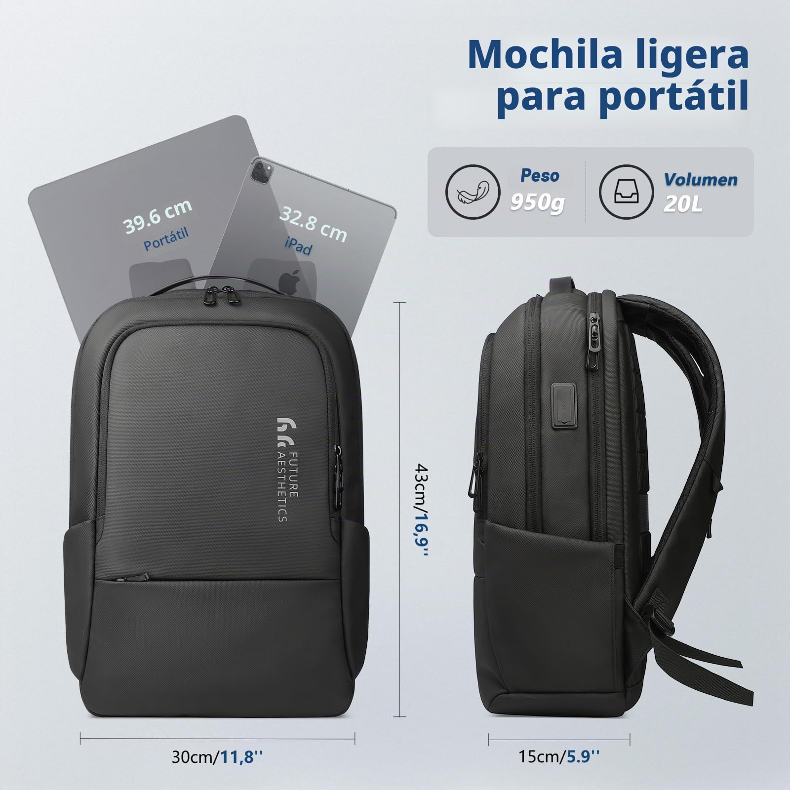 Mochila de Negocios para Ordenador Portátil de 15,6 Pulgadas | Impermeable y Robusta con Puerto de Carga USB - Confort y Almacenamiento Multifuncional para Hombre Volumen 20L (Negro)