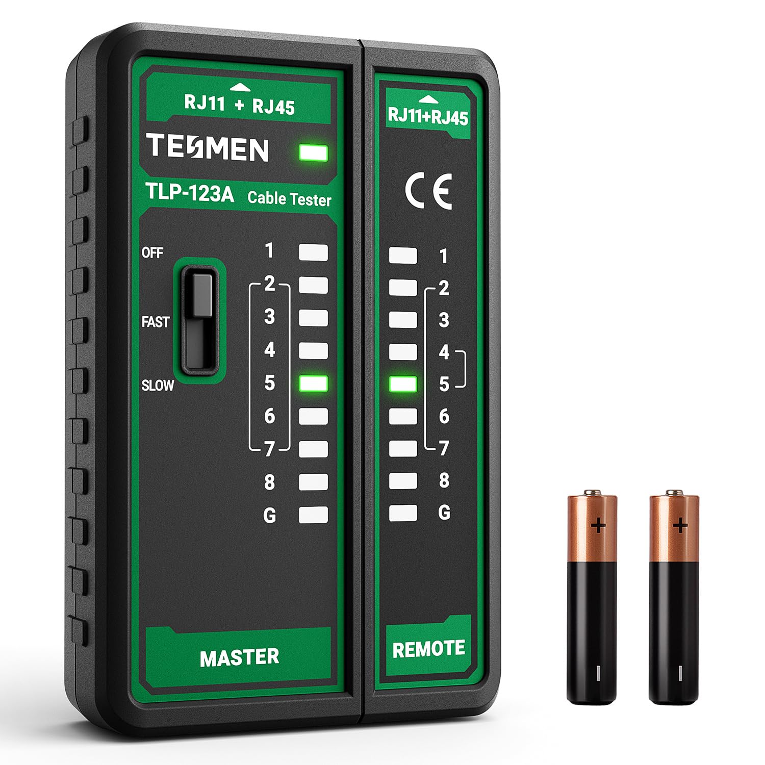 TESMEN TLP-123A Tester per cavi di rete RJ11 RJ45, strumento per cavi Ethernet CAT5/CAT5E/CAT6/CAT6A/CAT7/UTP&STP, test di continuità LAN e TEL, adatto per la manutenzione dei cavi - Verde