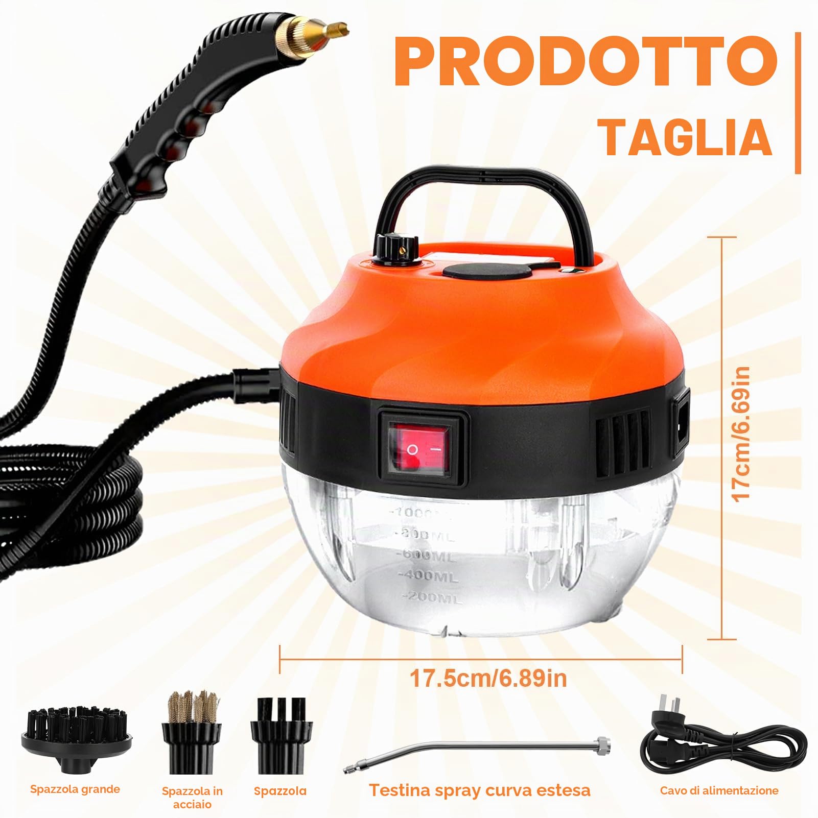 3800W Pulitore a Vapore Portatile, 6 Velocità Regolabili, 1L Serbatoio Steam Cleaner, per Cucina Bagno Patio Piastrelle Fughe Pavimenti (Arancione)