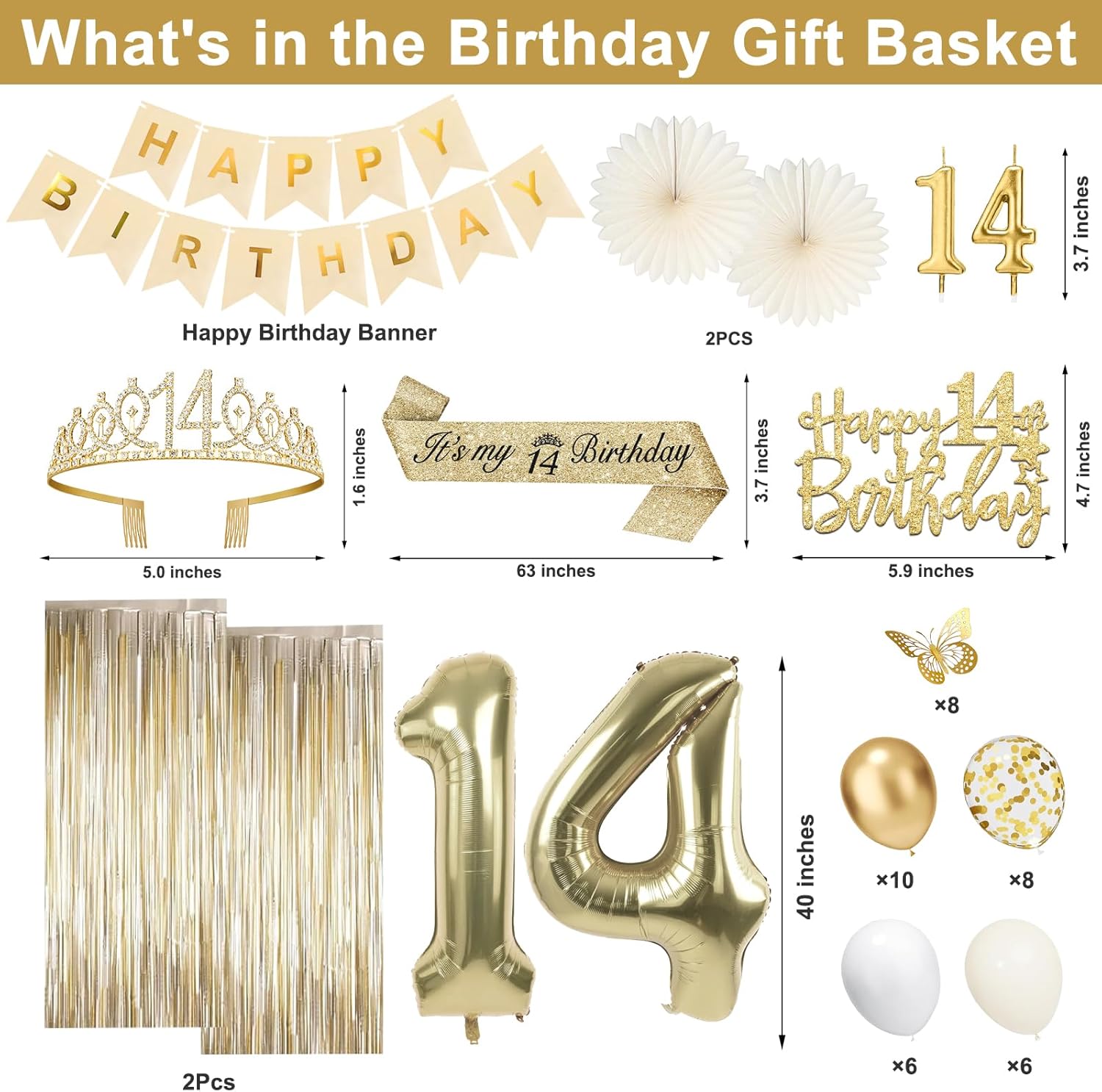 14th Birthday Decorations for Girls, Champagne Gold Happy 14 Year Old Gifts for Girls, 14 Sash and Crown, Banner, Fringe Curtains, Hanging Paper Fans, 14th Birthday Party Decorations