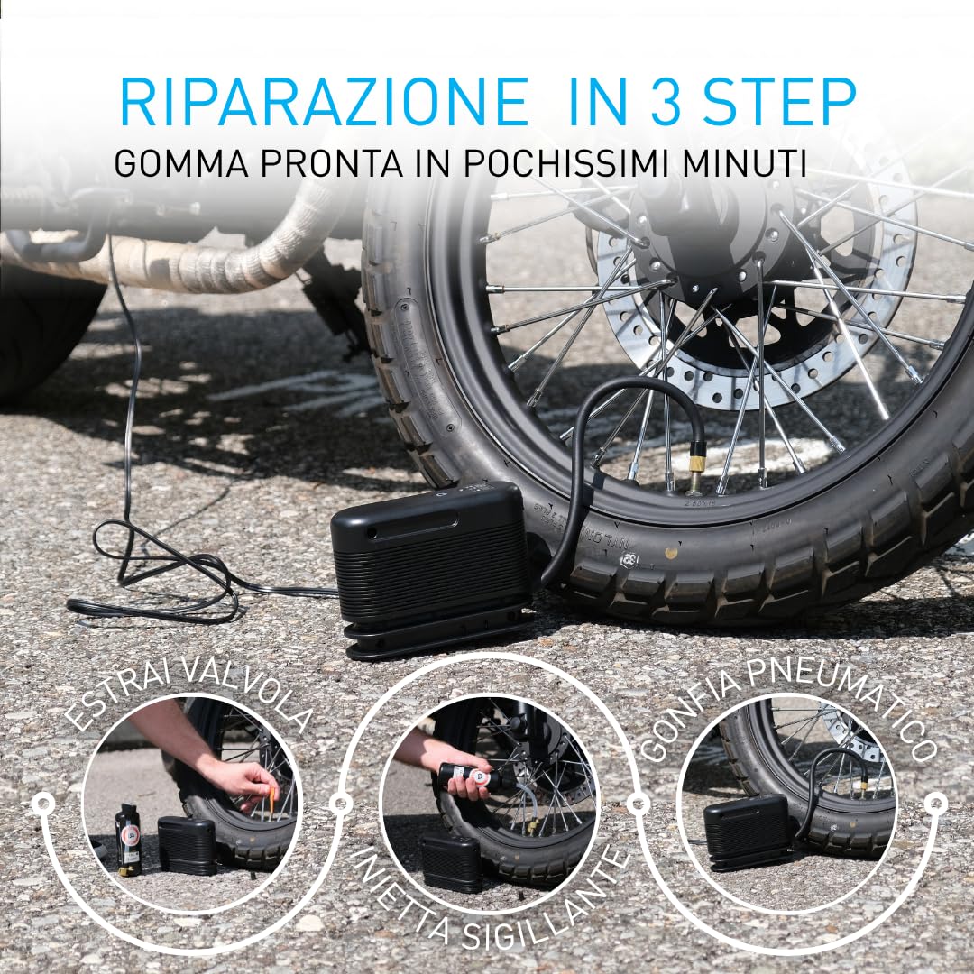 Fix&Go MICROAIR – Kit Riparazione Pneumatici Moto 12V con Compressore Portatile e Sigillante Ecologico – Per Moto, Scooter, Quad e ATV – Compatibile con TPMS