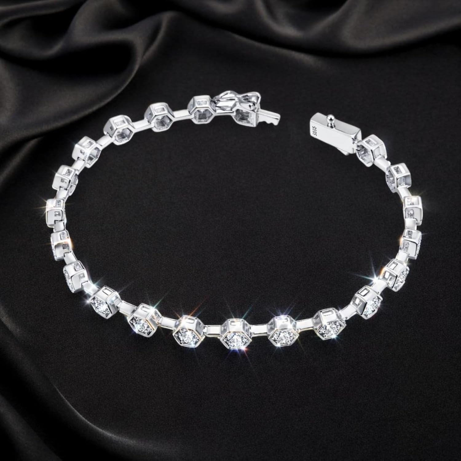 Ello Elli Moissanite Tennis Bracelet for Women, 925 Sterling Silver, 3.5mm D Color VVS1 Lab Created Stones, Honeycomb Bezel Setting, Dual Safety Clasp, Luxury Gift