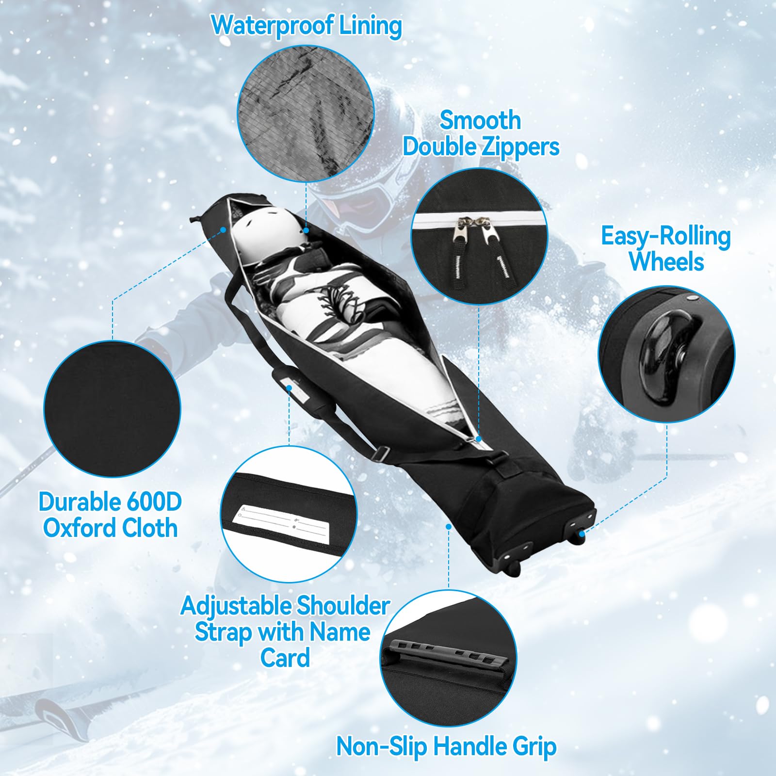 Bolsa de esquí con ruedas, funda de almacenamiento para snowboard, impermeable, tela Oxford 600D, bolsa de viaje con correas ajustables y ruedas para esquí, yoga, equipo deportivo, transporte, 200 x