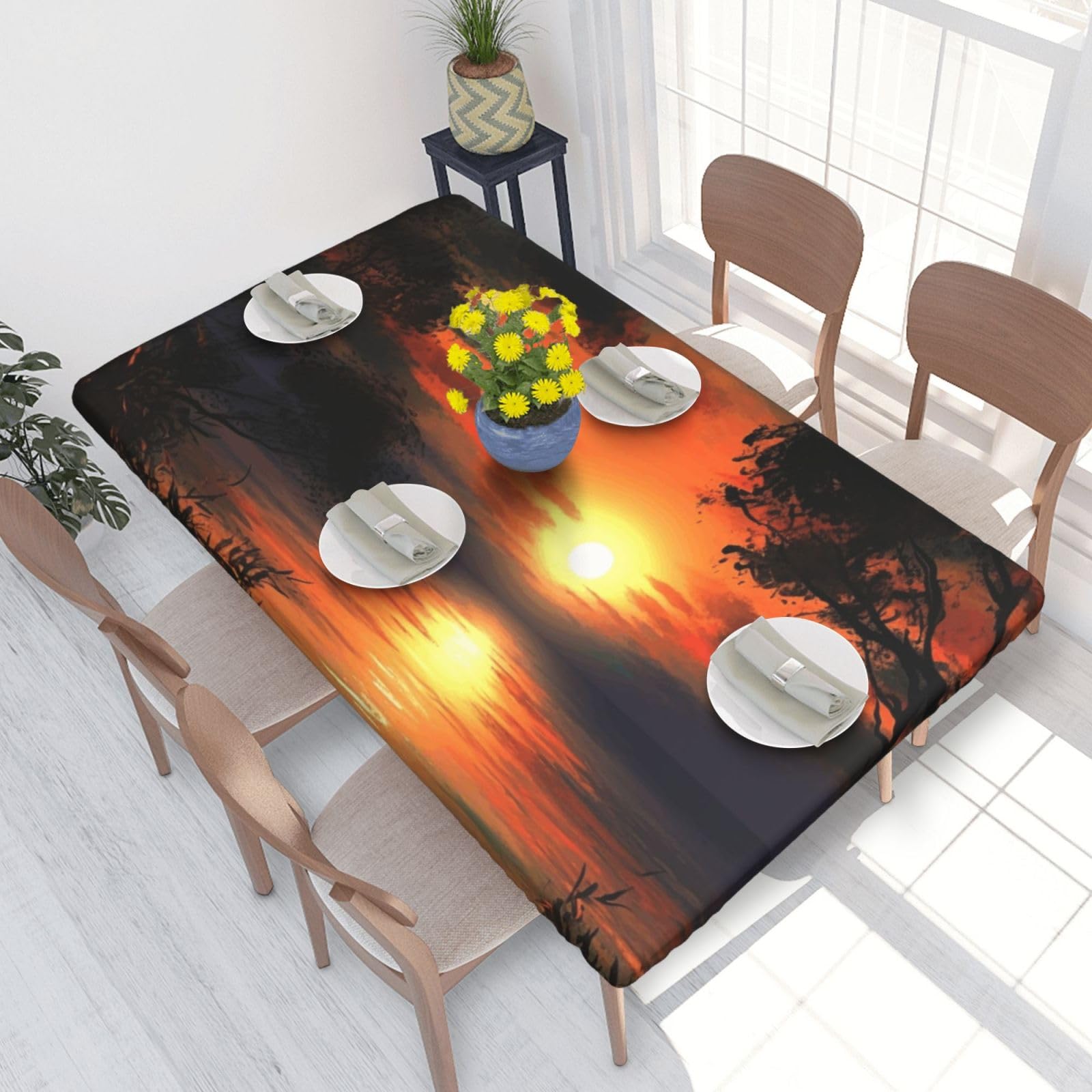 Sunset Painting Waterproof Square Table Cover Elastic Fitted Tablecloth Oil Proof Table Protector For 4ft Table