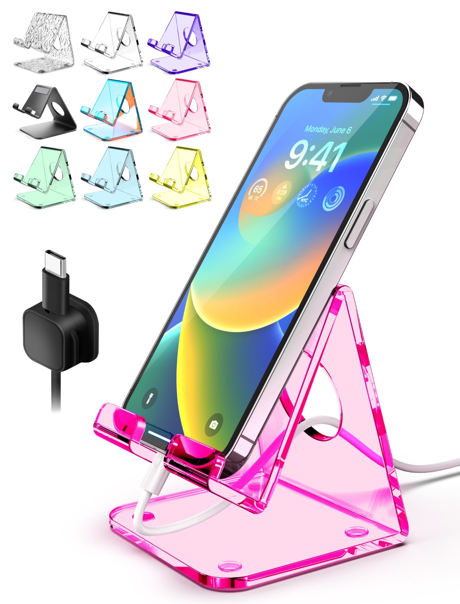 TOPGO Acrylic Cell Phone Stand, Clear Phone Holder for Office Desk, Vanity, Kitchen Counter, Bedside Table, Compatible with iPhone 17 16 15 14 13 12