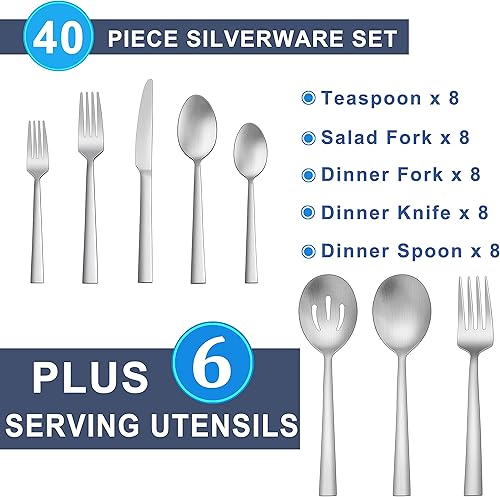 Miniatura 2 de Herogo Juego de cubiertos mate de 46 piezas con utensilios para servir, cubiertos cuadrados de acero inoxidable, moderno juego de cubiertos con