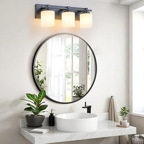 Miniatura 267 de 3 lámparas modernas de baño sobre el espejo, luces de tocador de oro negro para apliques de pared de baño con pantallas de vidrio blanco lechoso