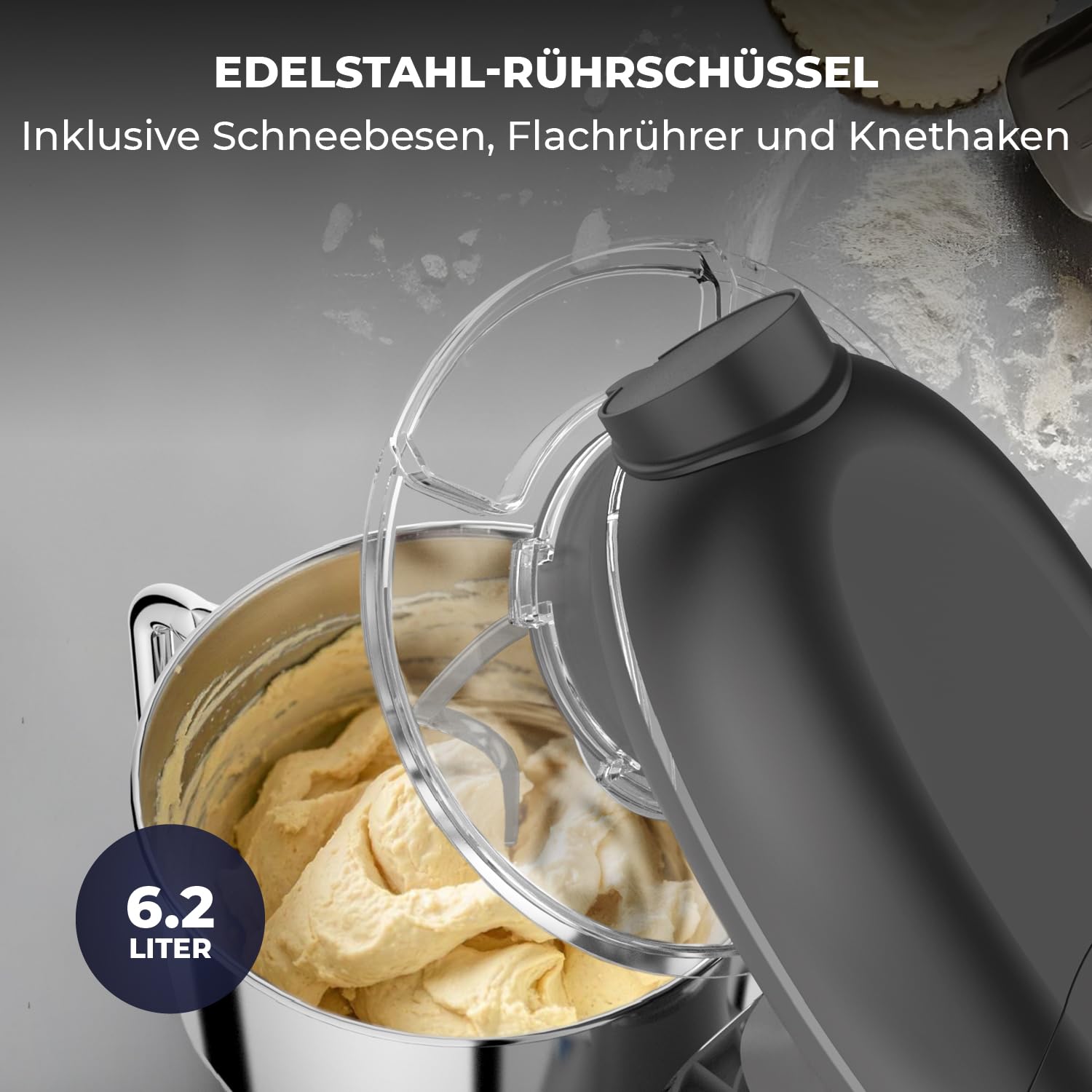 Kuchenmaschine mit Nudelmaschine – 2000W – Knetmaschine mit Nudelmaschine Elektrische – Pasta Maker - 6,2L Edelstahl Rührschüssel (Grau)