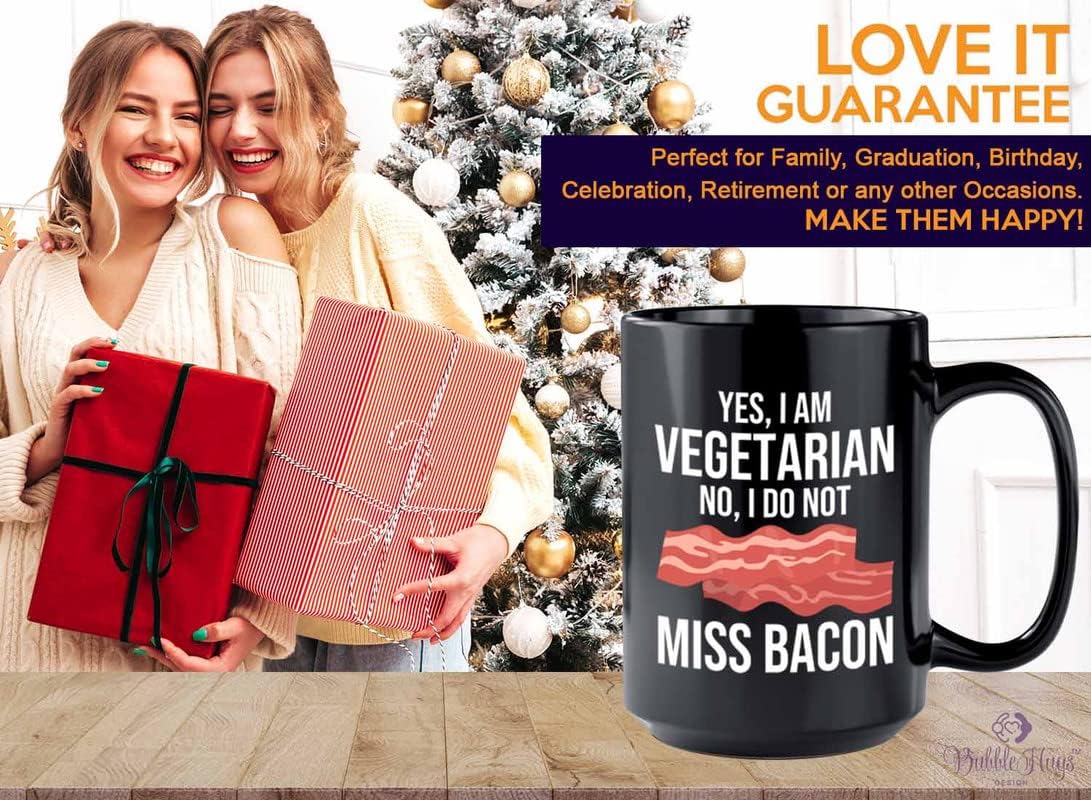 Vegan Coffee Mug 15oz Black - Vegetaria Not Miss Bacon - Animal Lover Diet Plant Based Gym Athlete Veggie Veganism Meatless Eco Friendly