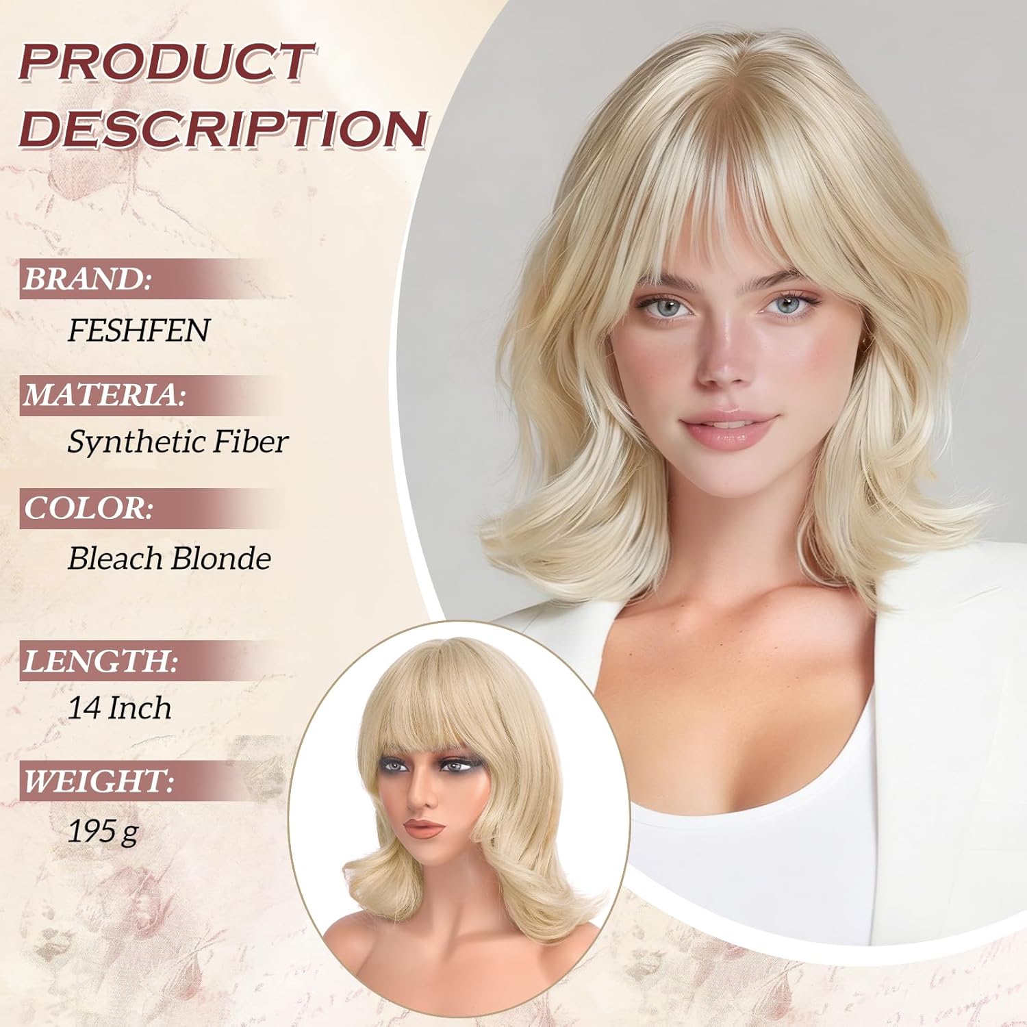 FESHFEN Shoulder Length Bob Wigs with Bangs for Women - Bleach Blonde Natural Layered Wavy Synthetic Wig For Daily Party Costume Use 14 Inch
