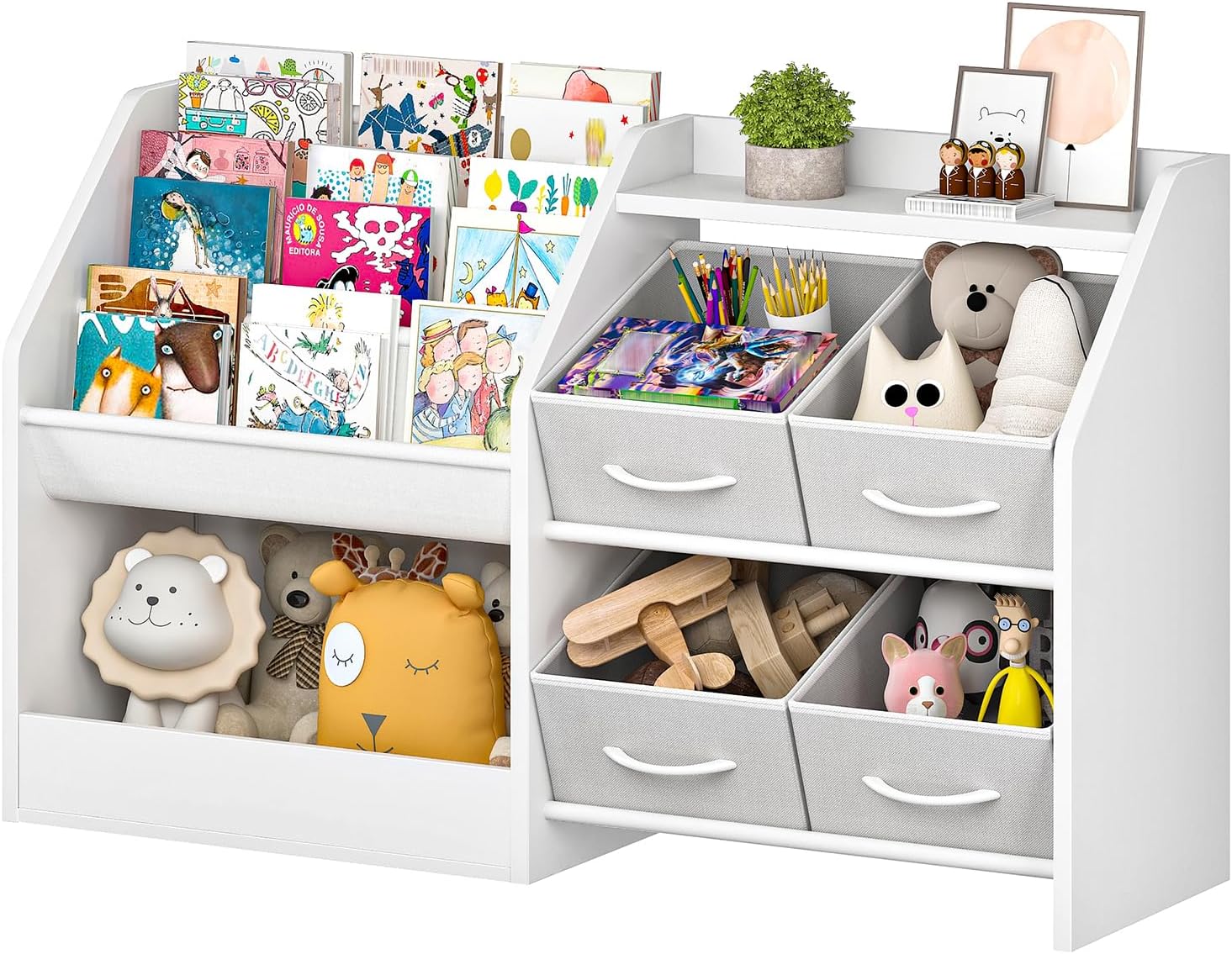 Kids Bookshelf with 3-Tier Oxford Fabric Slings and 4 Fabric Drawers, Toy Storage Organizer, Children's Bookcase, Toddler Bookshelf, for Kids' Room, Nursery, Bedroom, Playroom, White MCW19WB