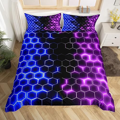 Miniatura 21 de Funda de edredón hexagonal verde estereoscópica de nido de abeja para niños, diseño geométrico de colmena, funda de edredón geométrica de panal