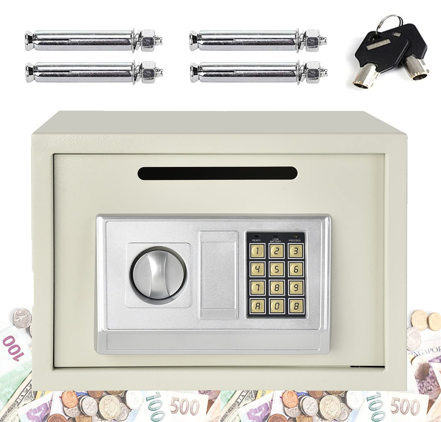 16L Safe Box with Override Key & Electronic Keypad Solid Steel with Posting Slot for Home Office Hotel Cash Jewelry Storage, White