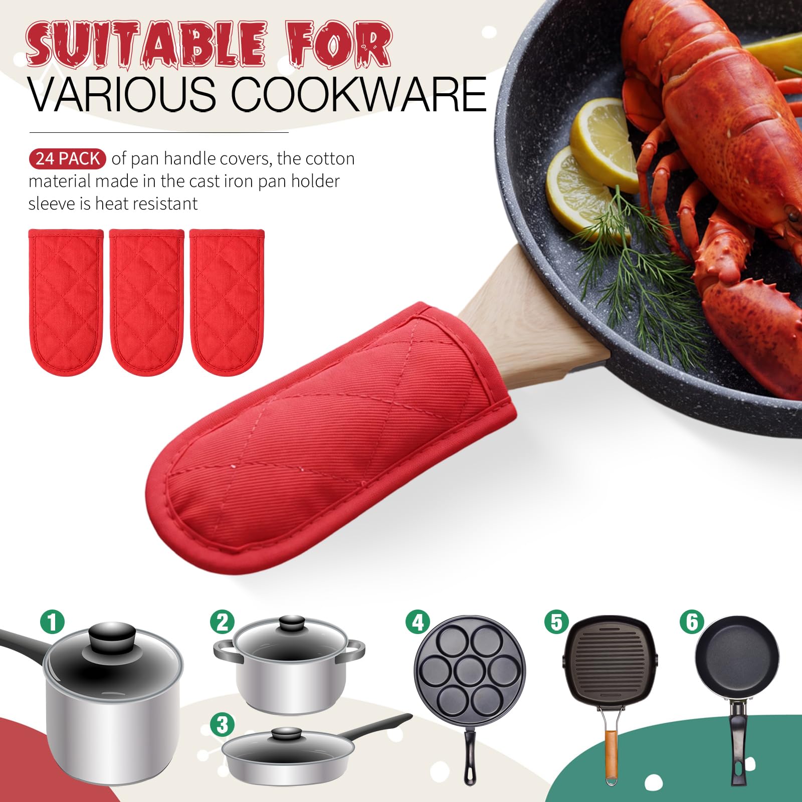 Dandat Set di 24 coperture per maniglie calde per uso quotidiano, per sostituire i regali, in ghisa, resistenti al calore, lavabili, per Natale, cucina, regali artigianali (rosso)