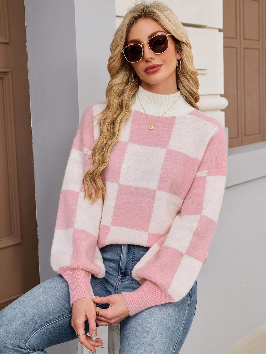 Womens Oversized Cute Checkered Sweater Fall 2025 Trendy Preppy Chunky Knit Mock Neck Long Sleeve Pullover Sweaters - Image 6