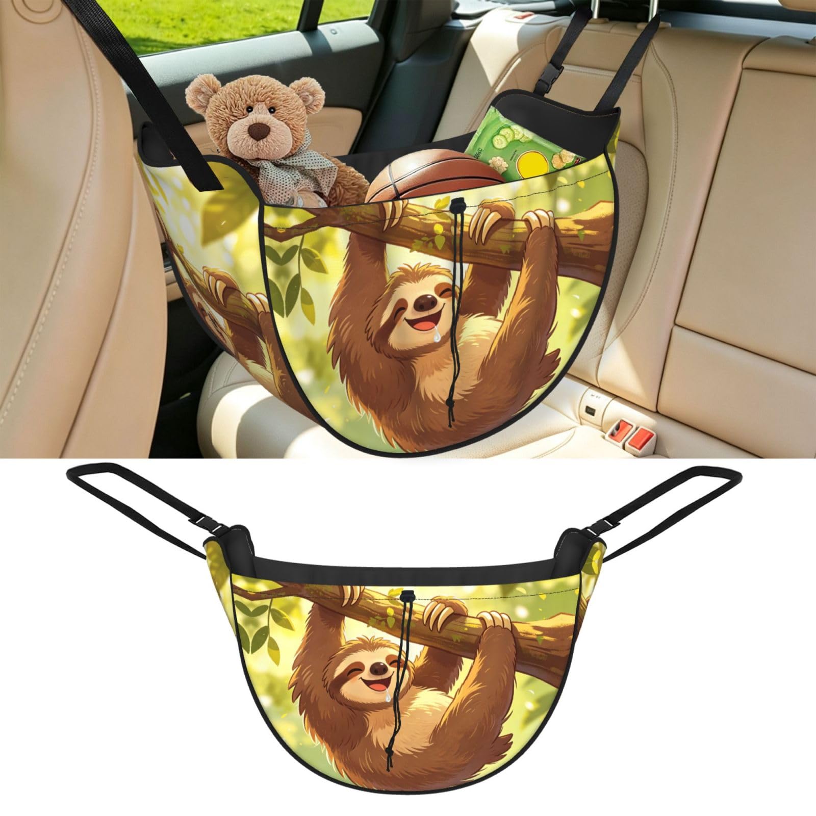 Cntdbu Black Happy Sloth Car Seat Organizer-Backseat Storage Bag For Travel