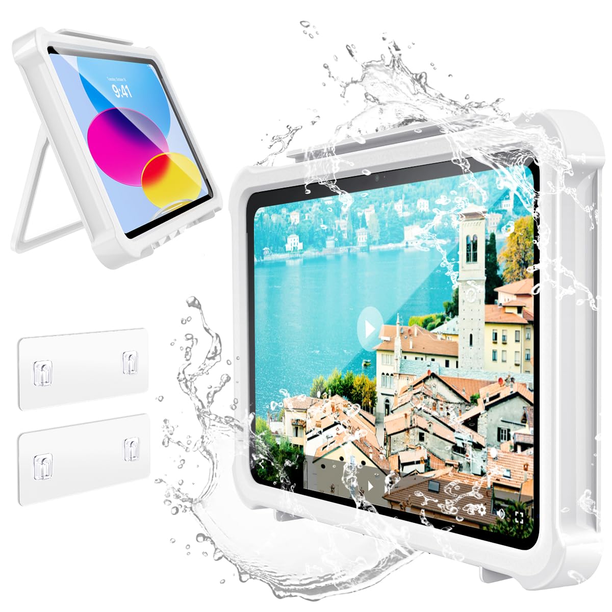 タブレット防水ケース お風呂 TiMOVO 2023年 タブレットホルダー 11インチまで スマホ兼用 iPad 壁掛け 耐水 防霧 強力粘着 高感度 タッチパネル操作可能 浴室 洗面所 キッチン 動画鑑賞 iPad 11(A16)/10世代/Air 11/Air5/4/Mini 7/6/5 10.2インチなどに対応 白
