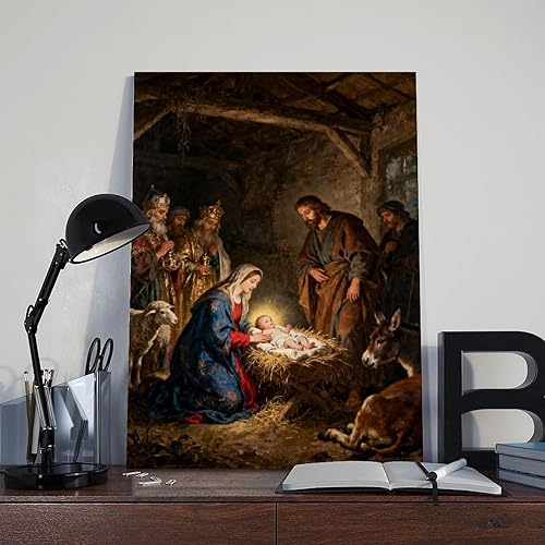 Miniatura 4 de YFET The Nativity Scene - Póster de pared de Navidad, póster vintage en acuarela retro para invierno, vacaciones, sala de estar, dormitorio, marco