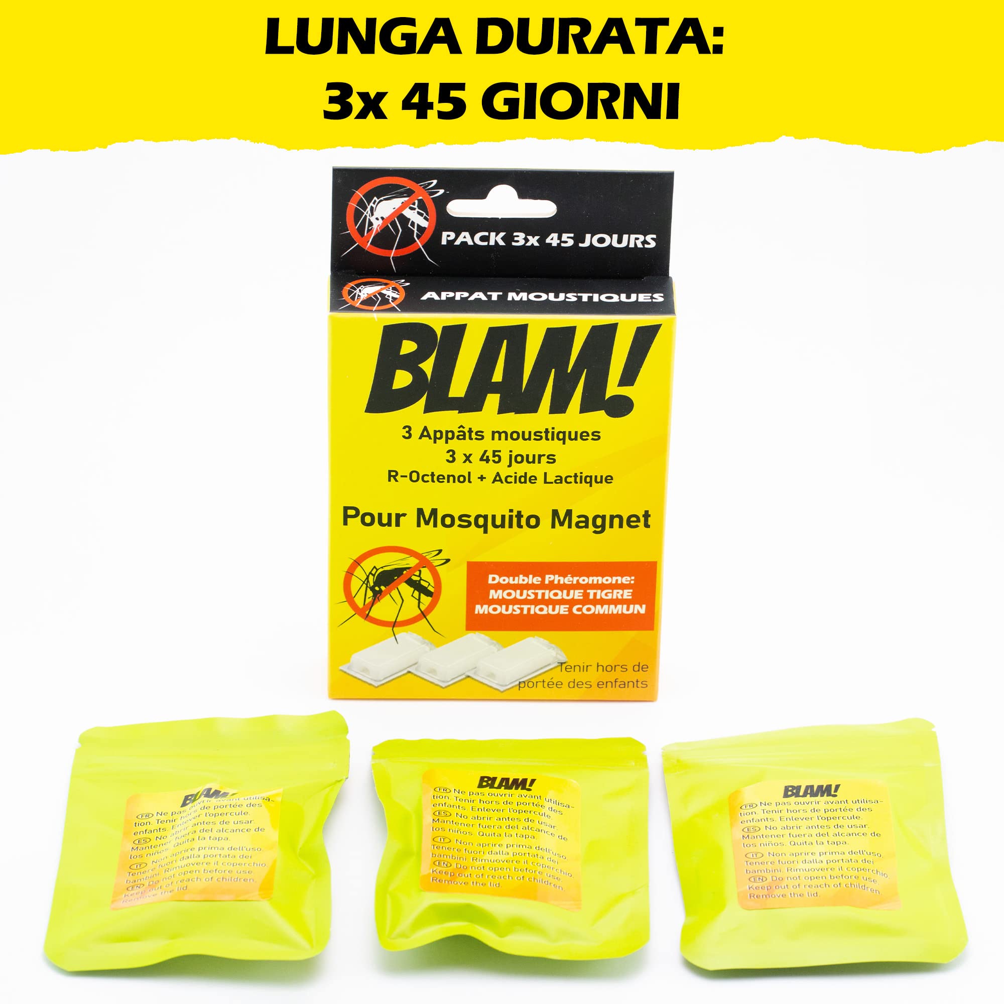 BLAM 3 Esche per zanzare compatibile Mosquito Magnet a doppio feromone: efficace su zanzare tigre e zanzare comuni grazie a R-Octenol e acido lattico (=Atrakta). 3x 45 giorni di efficacia