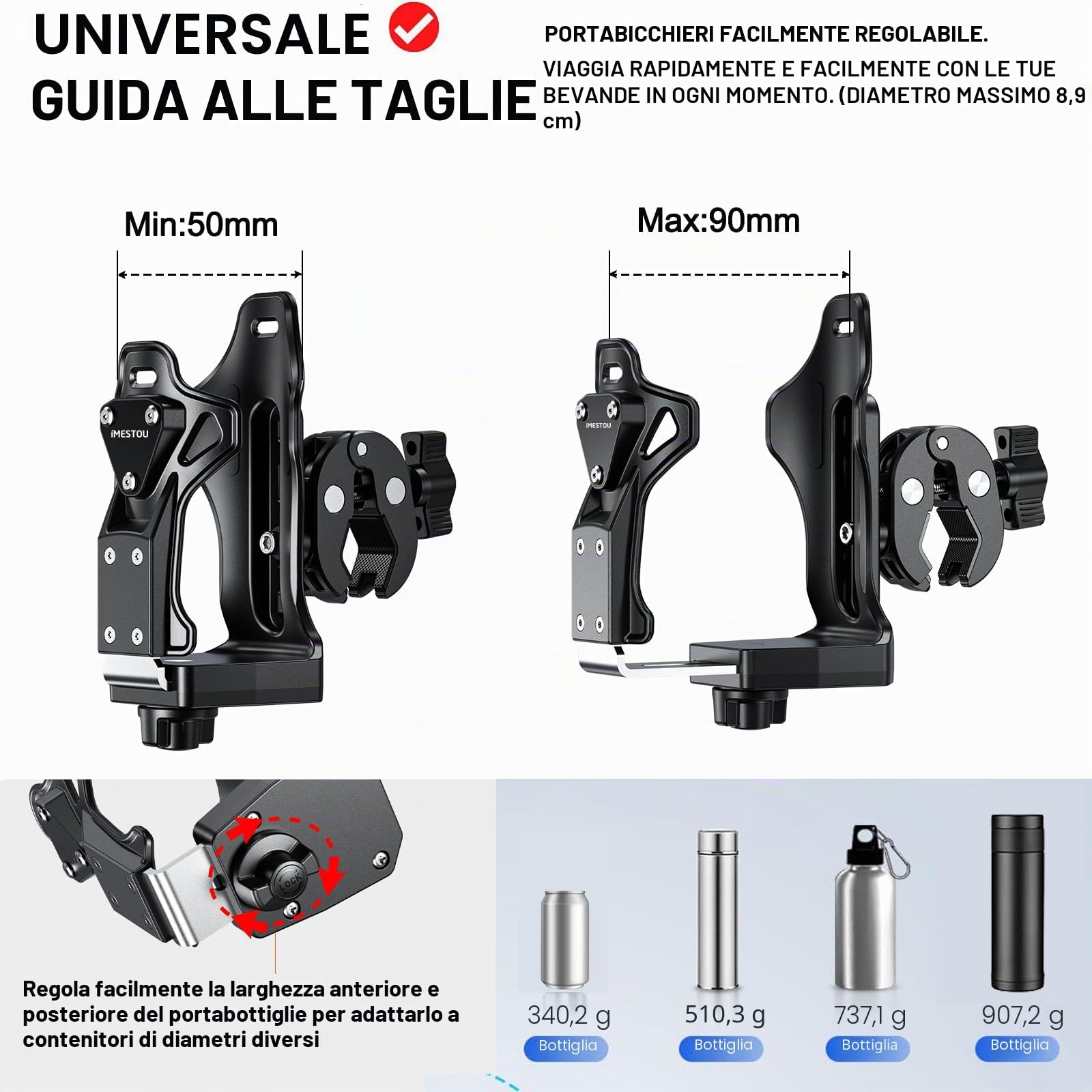 iMESTOU Portabottiglie per Moto, Supporto per Bottiglia D'acqua ATV Compatibile con Diametro 50-90 mm Tazze Bottiglie per Bevande Adatte per Manubri da 12-45 mm su Bici Scooter Passeggino Carrello