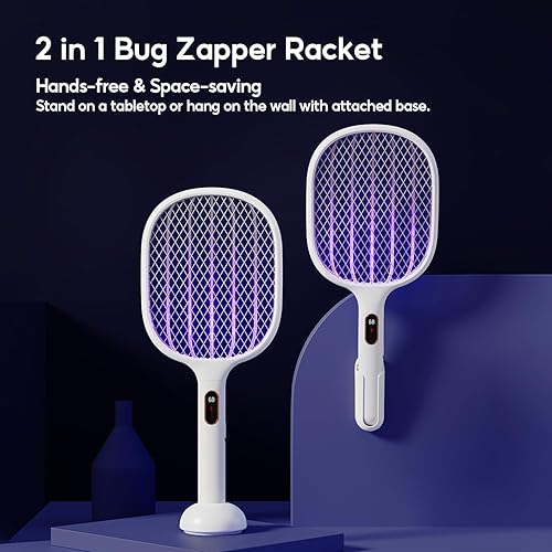 Miniatura 2 de Qualitell Raqueta matamoscas eléctrica recargable de mano 4000 V con 2 bases de soporte, matamosquitos grande con pantalla de potencia para