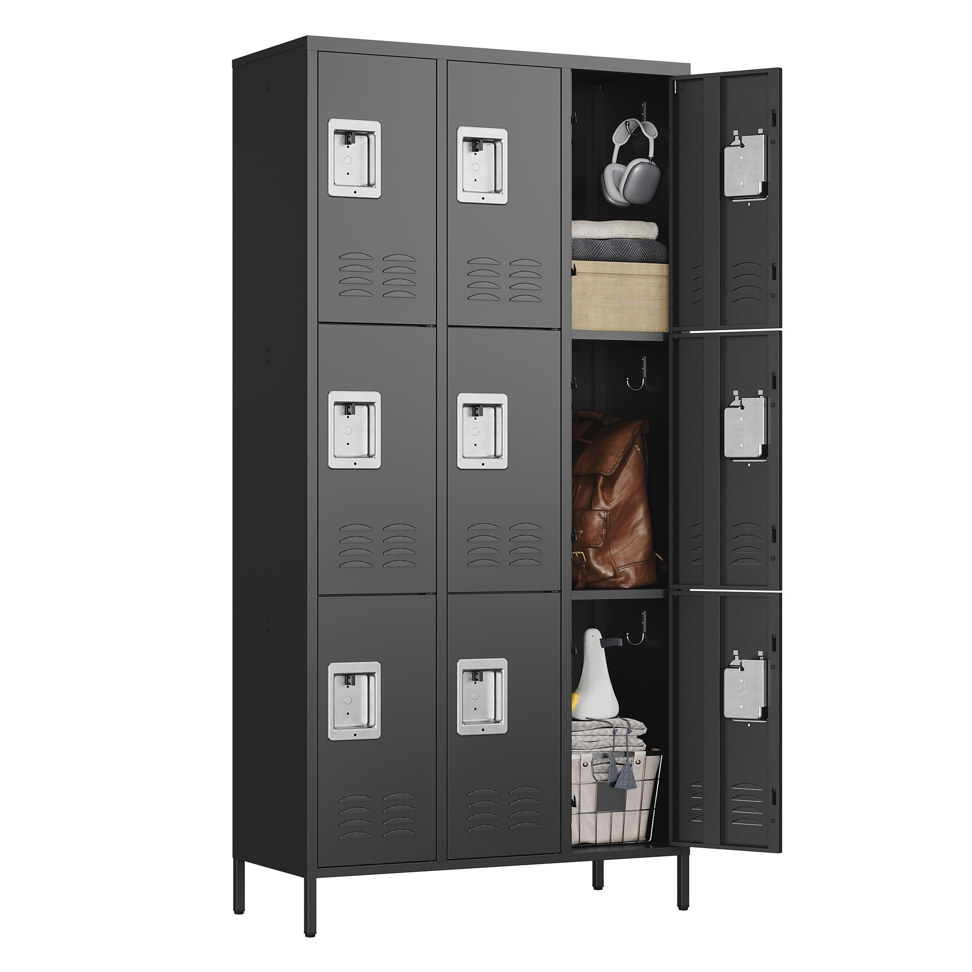 STANI Metal Lockers for Employees with Lock, 9 Doors Tall Steel Storage Locker with Shelves, Lockable Steel Cabinet for School Gym Office Garage (Black, 9 Doors)