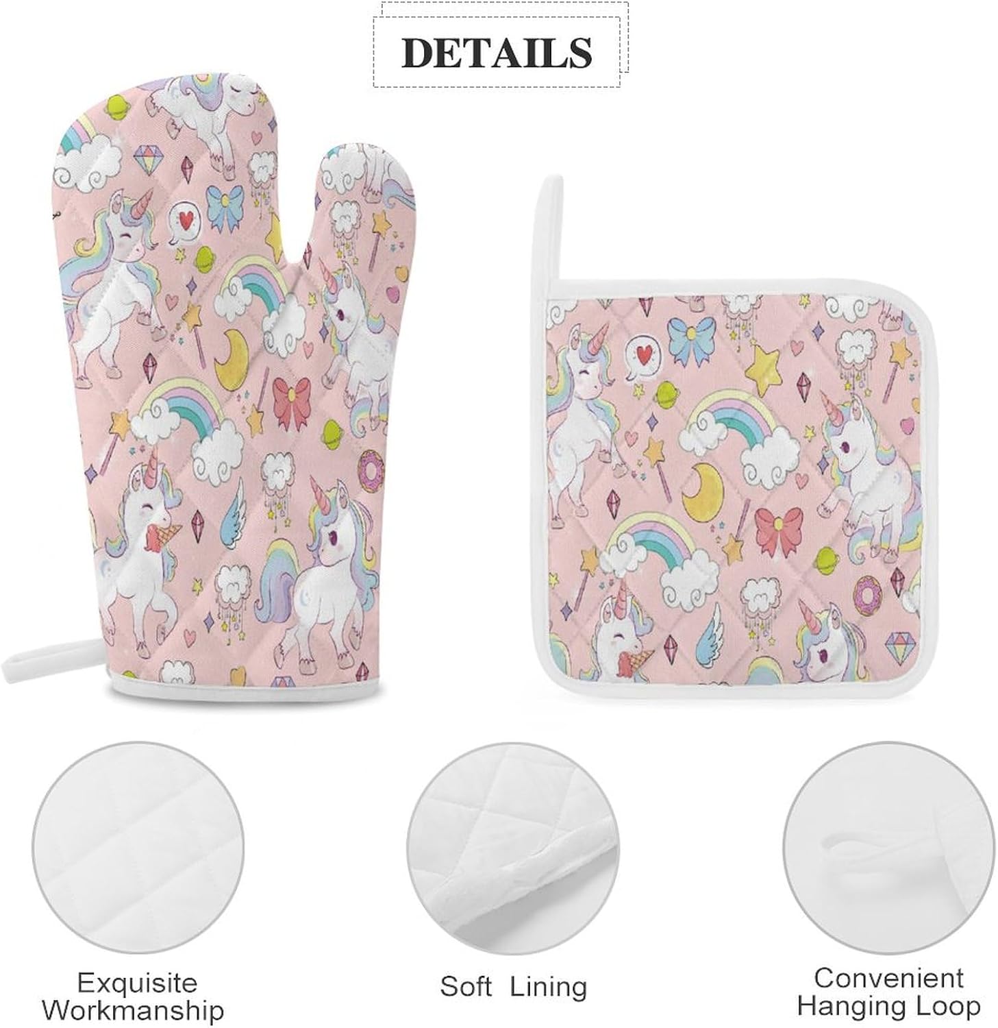 Cute Cartoon Unicorn Oven Mitts and Pot Holders 4 Watercolor Kids Nursery Rainbow Colorful Clouds Moon Star Print Piece Setven Mitts and Potholders Cooking Gloves Suitable Kitchen Baking