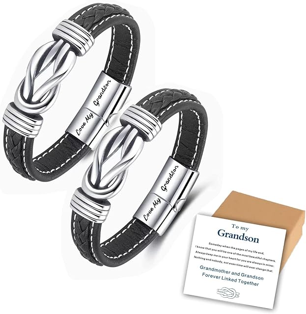 HPKJUYDS Grandmother and Grandson Forever Linked Together Braided Leather Bracelet, Men's Knot Wristband Cuff Inspirational Birthday Bracelet Gift from Grandma (2pc)