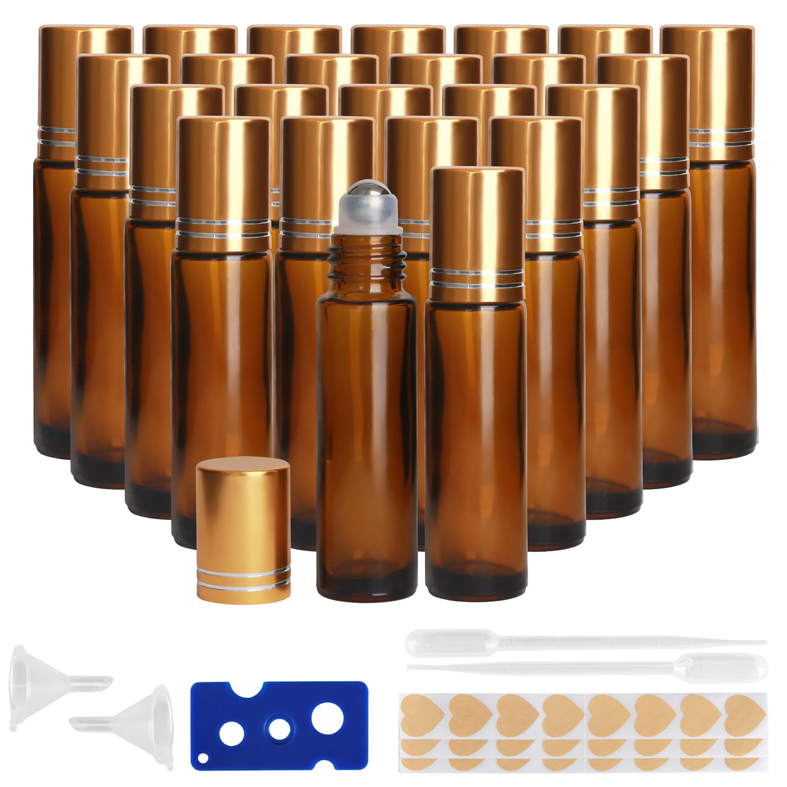 AGZHTYJQ 10ML Glass Essential Oil Roller Bottles,24 Pack Amber Oil Roller Bottles for Essential Oils, refillable rollerball bottle(24 Labels, Opener,