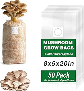Mushroom Grow Bags, 50 Pack 6 Mil Polypropylene Mushroom Substrate Bags, 8"x5"x20" with Breathable 0.2 Micron Filter Patch, Large Autoclavable Bags for Substrates Strong Tear Resistant